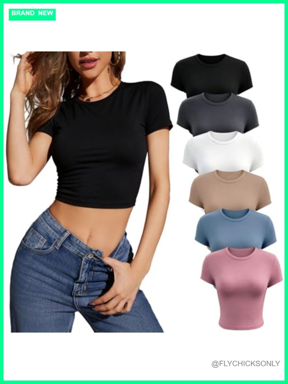 Women's Slim Fit Crew Neck Cropped Tee 6-Pack Short Sleeve Solid Knit Tops